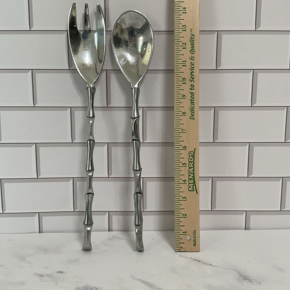 VTG 1996 Mariposa Heavy Cast Aluminum Salad Serving Utensils Faux Bamboo Handles